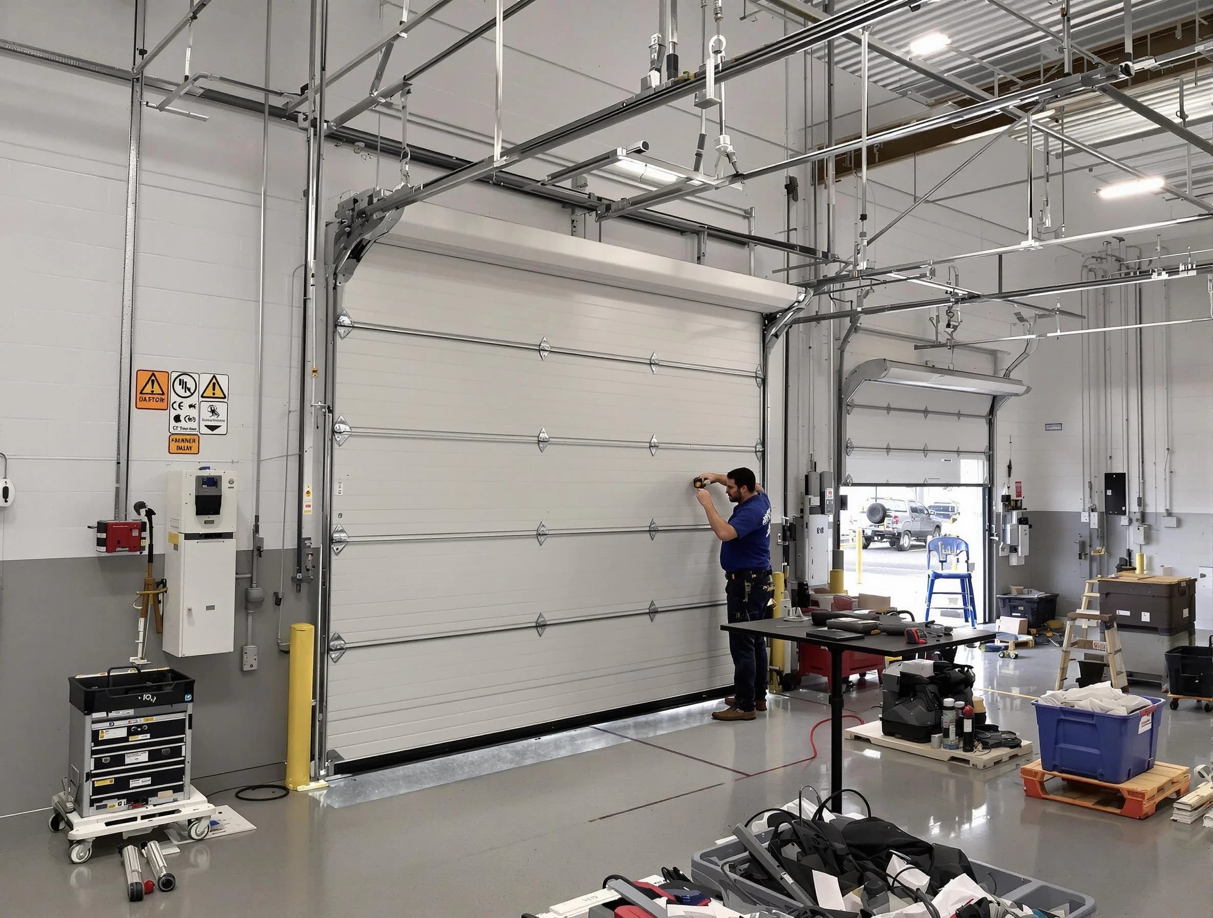 Commercial garage door repair being performed by Firestone Garage Door Repair expert in Firestone
