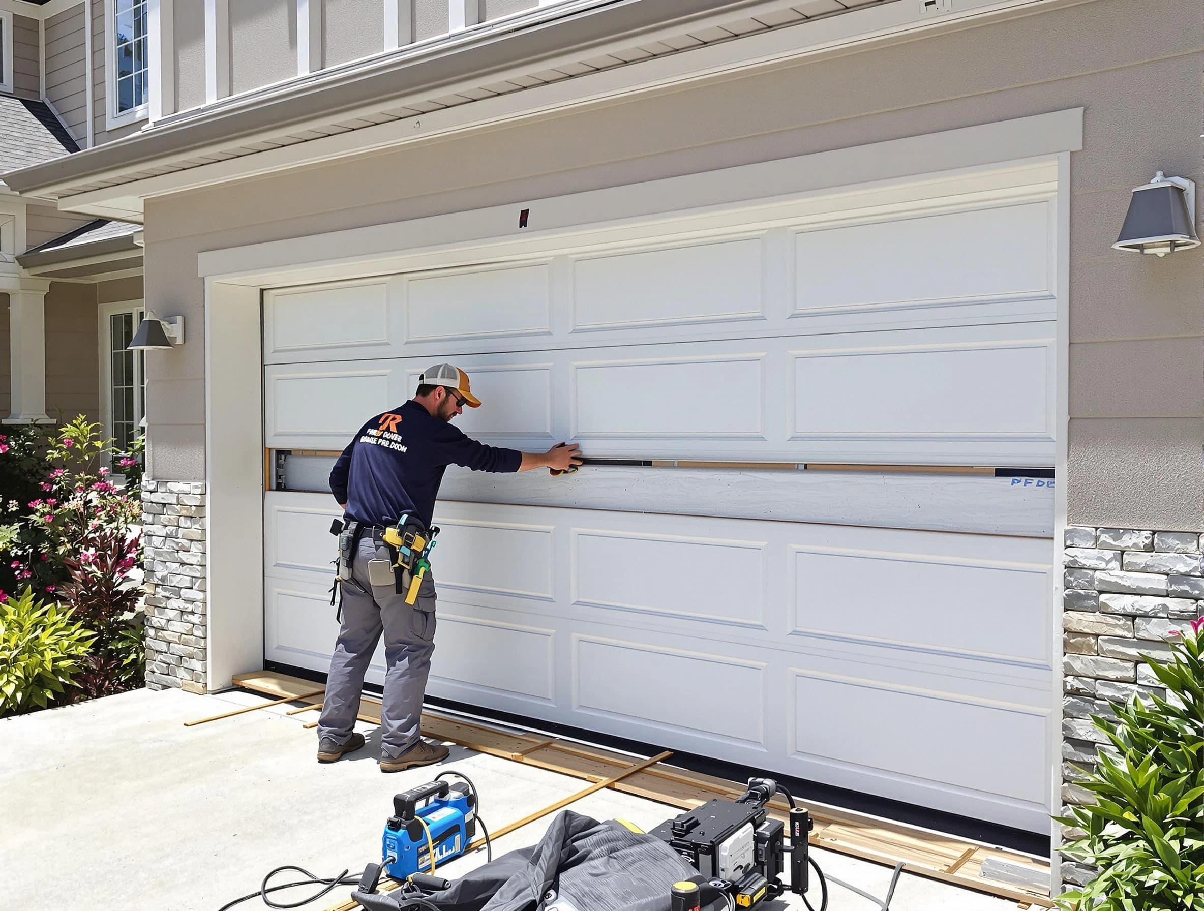 Firestone Garage Door Repair team performing complete garage door replacement at Firestone residence