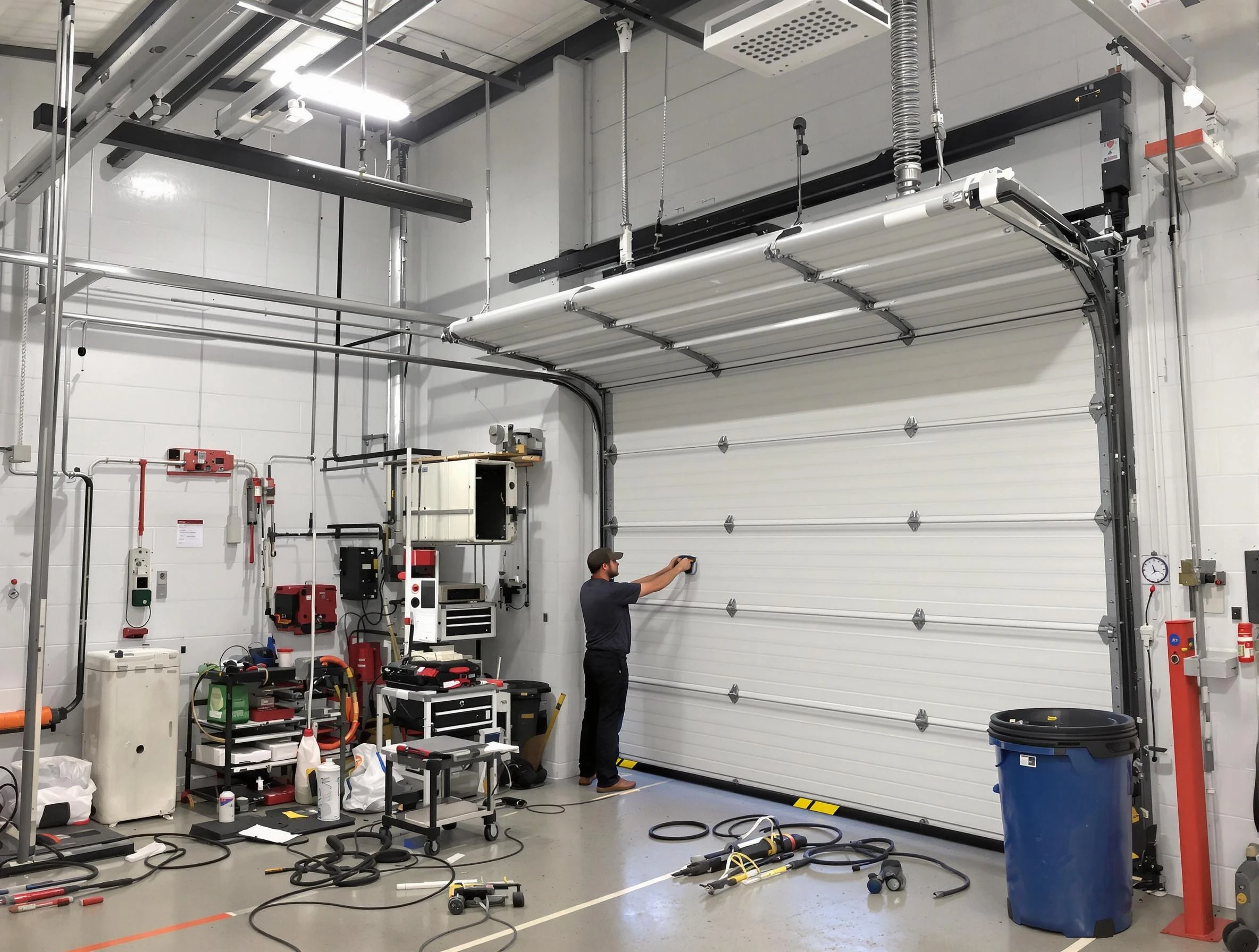 Firestone Garage Door Repair certified technician performing commercial door repair at a Firestone business facility