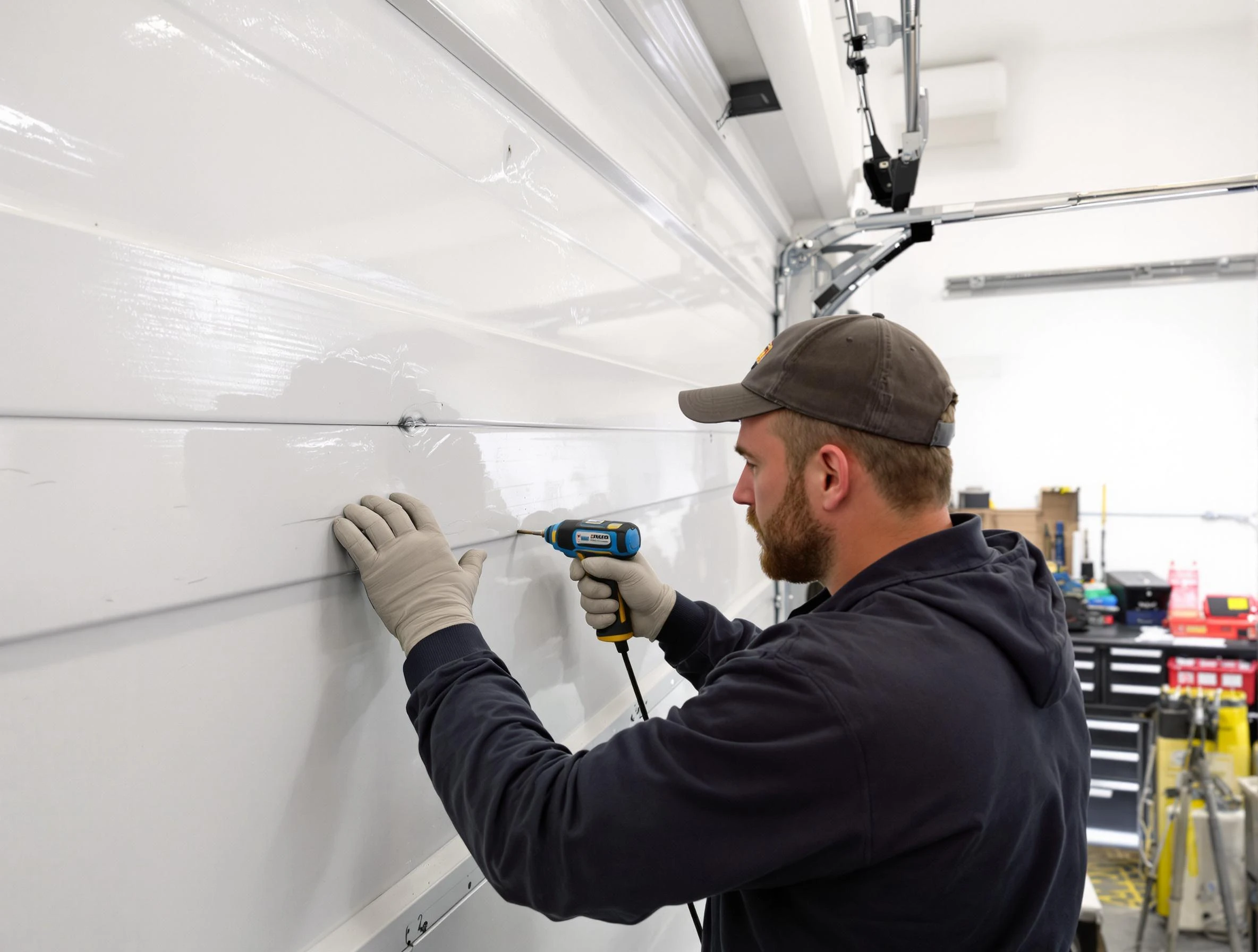 Firestone Garage Door Repair technician demonstrating precision dent removal techniques on a Firestone garage door